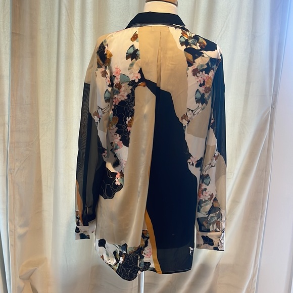 3.1 Phillip Lim Target tan black white floral print collar button up top shirt - Picture 2 of 2